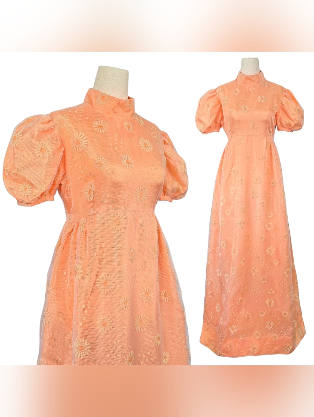 1960s Vintage Dress 60s Prom Gown Maxi Peach Orange Floral XS Small Puff Sleeves